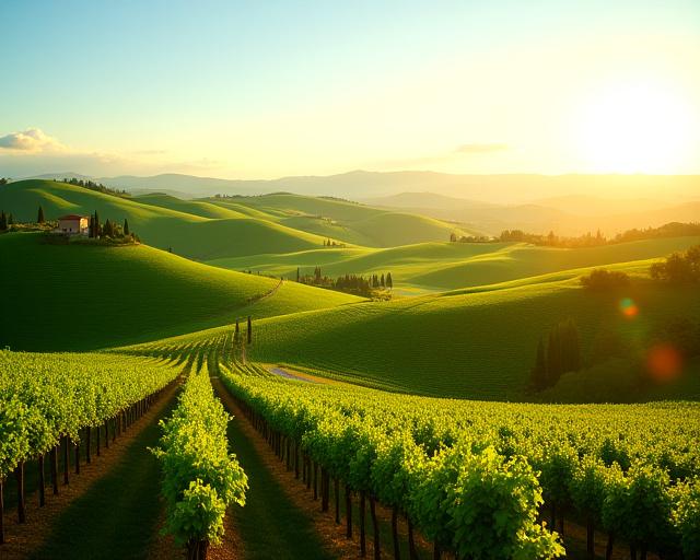 Colinas verdes y viñedos bajo el sol de la Toscana, Italia.