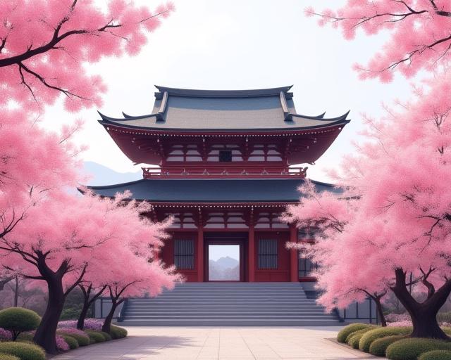 Un templo japonés tradicional rodeado de cerezos en flor.