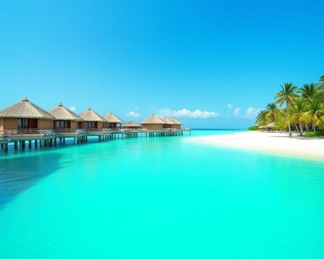 Bungalows sobre el agua turquesa cristalina en las Maldivas.