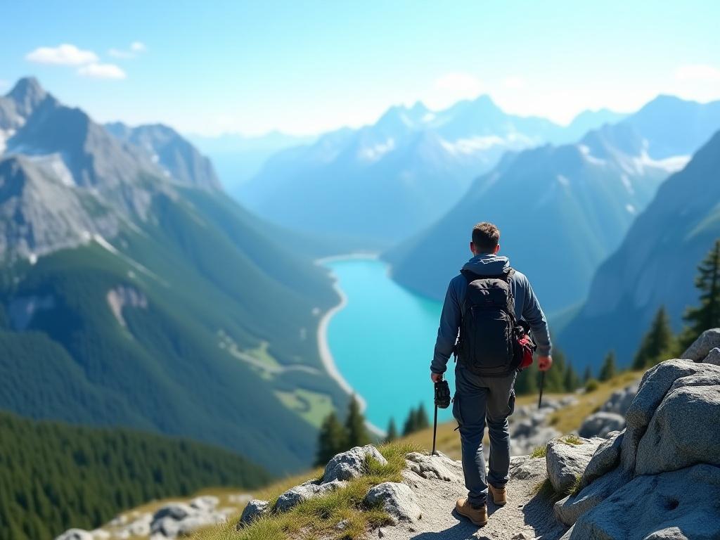 Un senderista observando un valle alpino desde la cima de una montaña en Europa.