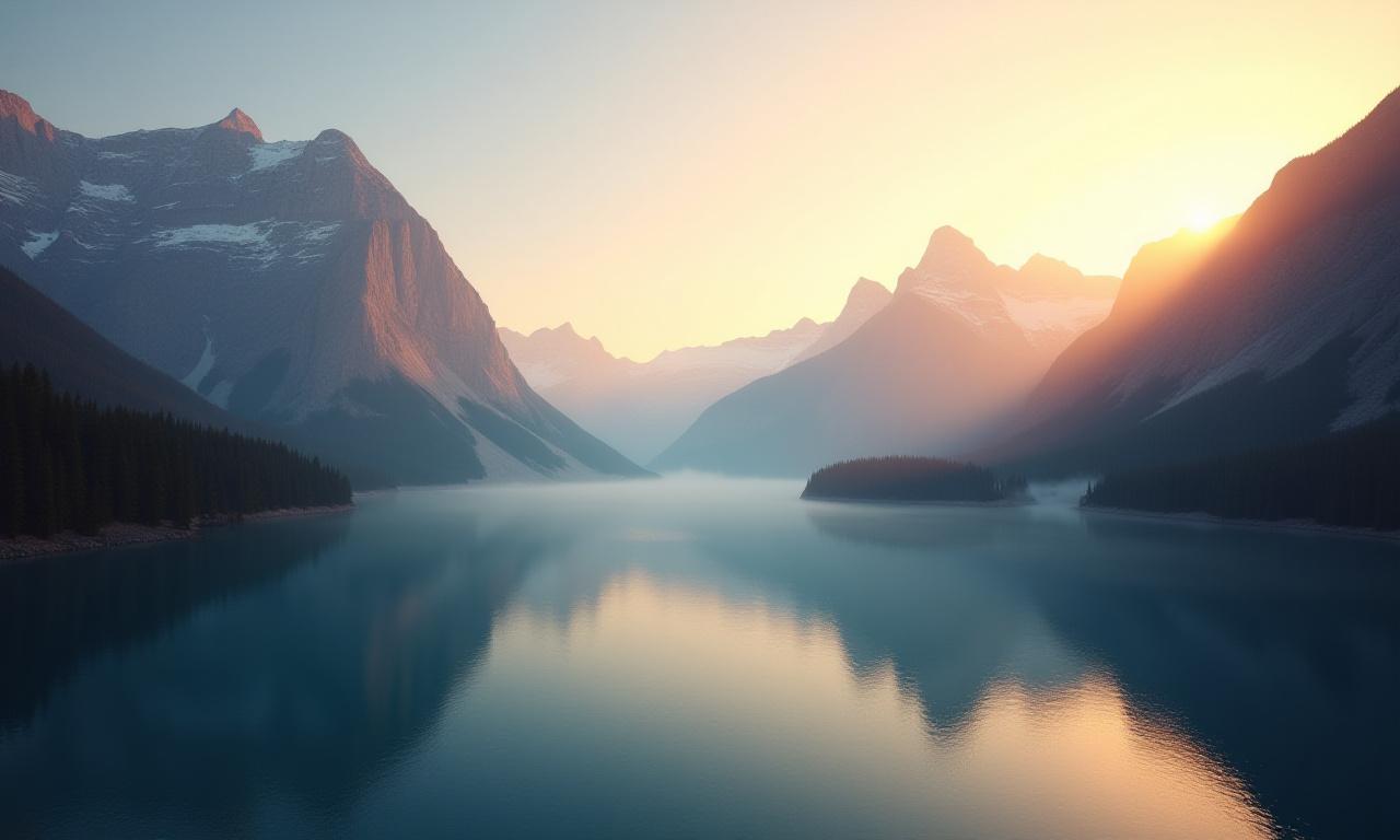 Paisaje espectacular de montañas y un lago al amanecer, simbolizando la aventura de viajar.